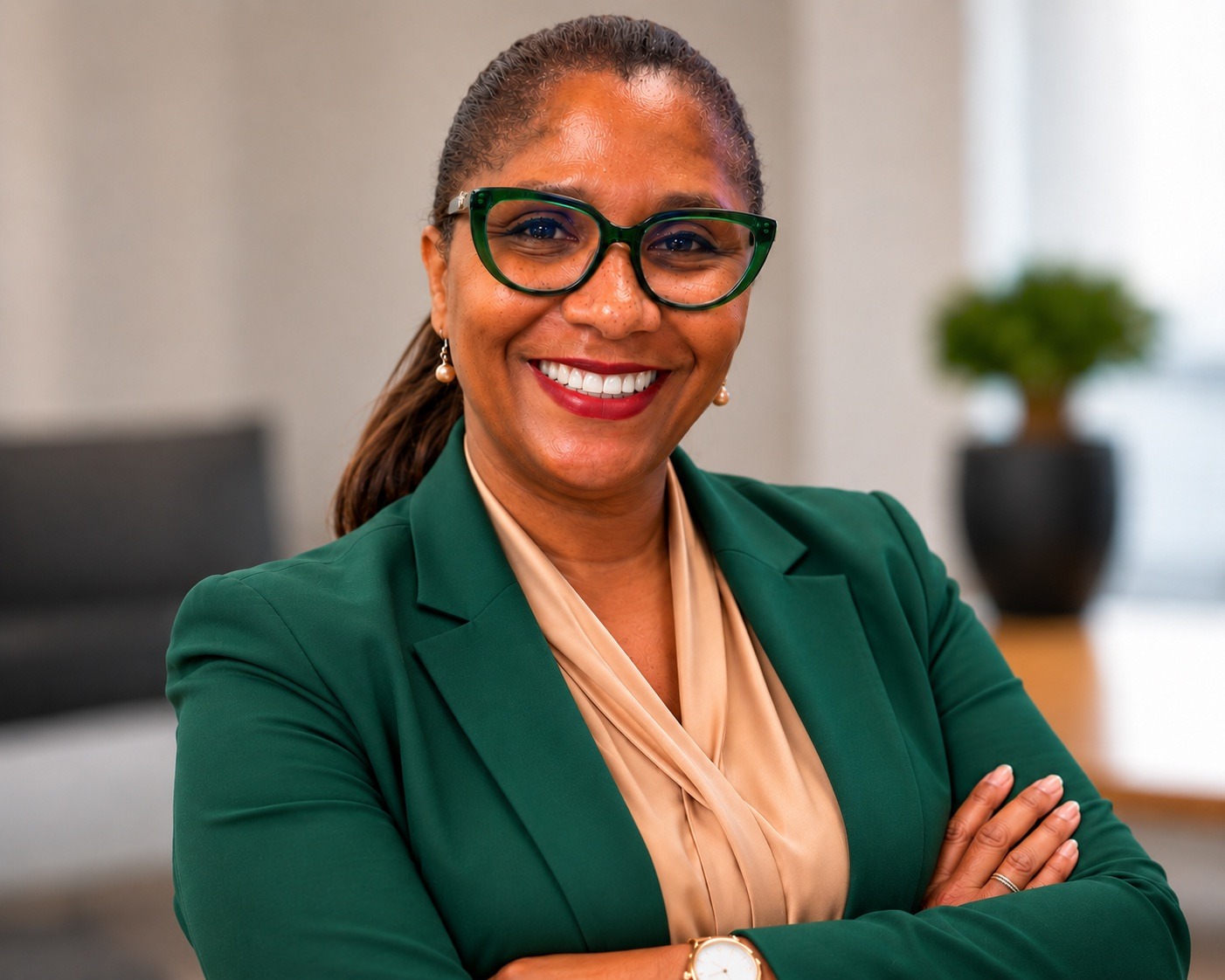 Antioch City Council District 4: Monica Wilson Picture of woman in green glasses, a silk shirt, pearl earrings, and a green suit jacket smiling with her hands crossed Image credit: Monica E Wilson, used with permission