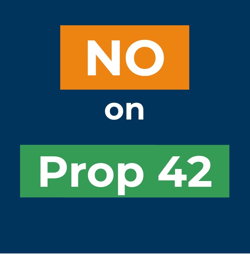 No on California Prop 42. White letters on Orange and Green block background. Image credit: 350 Bay Area Action