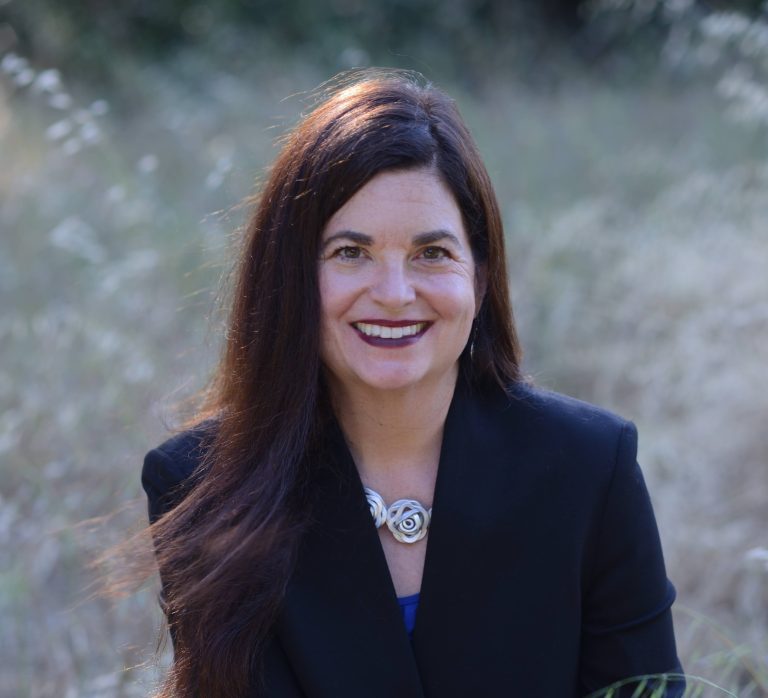 IdaRose Sylvester for Mountain View City Council. A woman, wearing a blue jacket and a silver necklace of "roses", is standing in a field with her long hair blowing in wind. Photo credit: IdaRose Sylvester, used with permission.